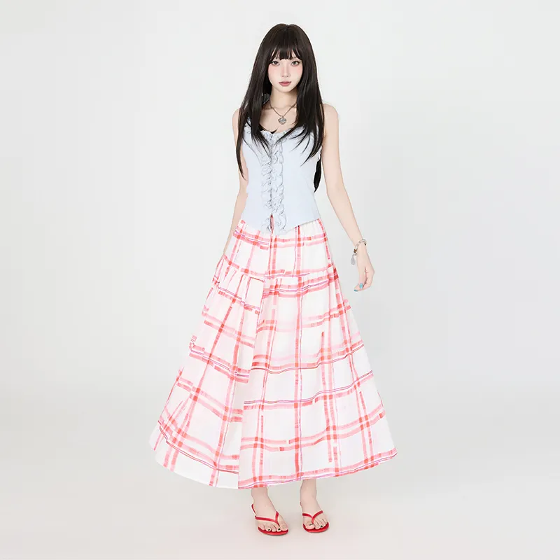 ZXZA Casual Long Skirts Women's Red Plaid-2