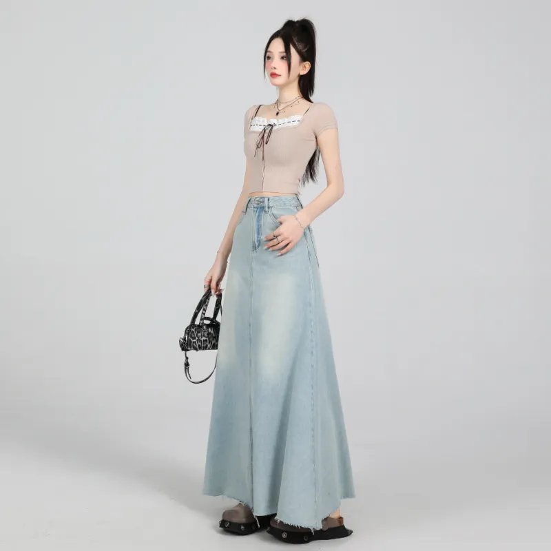 ZXZA Denim Long Skirt Women's Light Blue-4