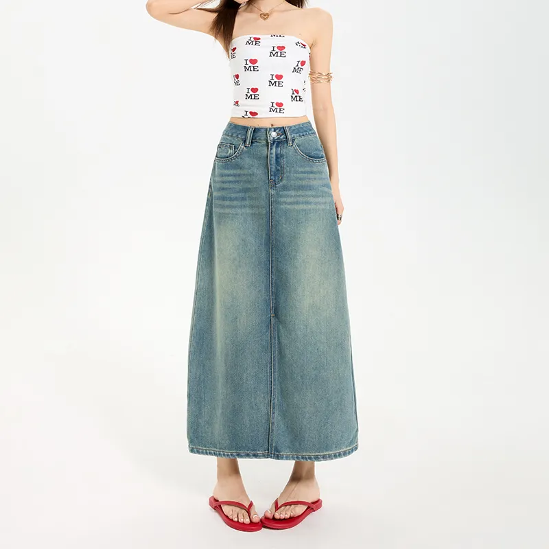 ZXZA Denim Long Skirt Women's Vintage Blue-6