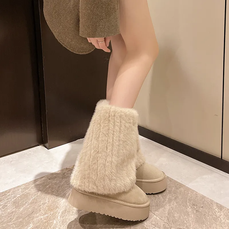 SHUMO Warm Wear Resistant Cushioning Height Increasing Slip Resistant Coverage Crew Snow Boots Women's Ecru-5