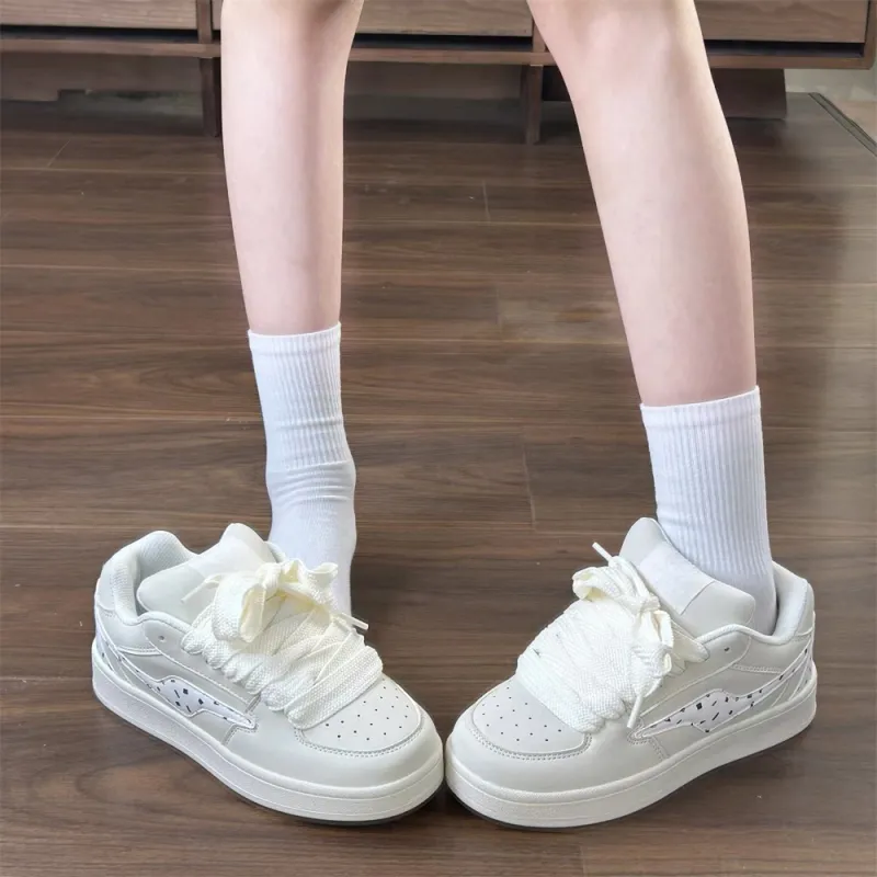 SHUMO Anti-Slip And Wear-Resistant Lightweight Height Increasing Low-Top Skateboard Shoes Women's Lace Trim White-3