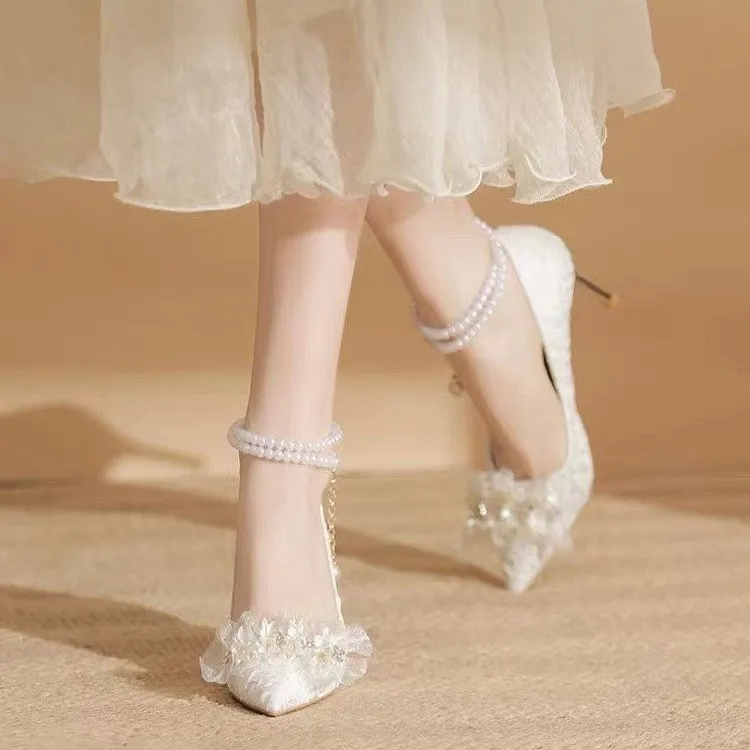 Take The Qin Slim Heel High Heels Women's Pearl White-6