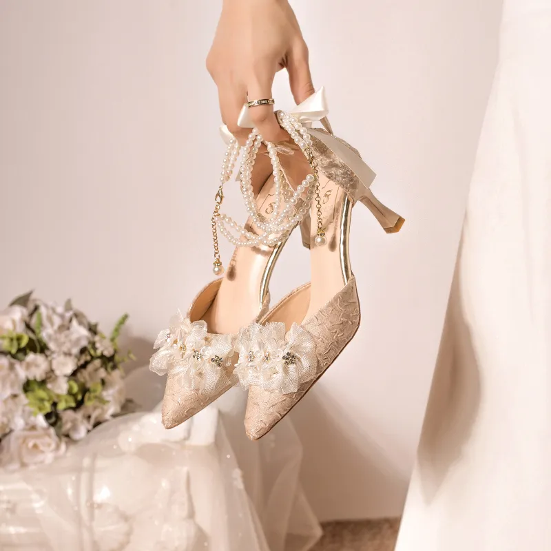Take The Qin Slim Heel High Heels Women's Champagne-10