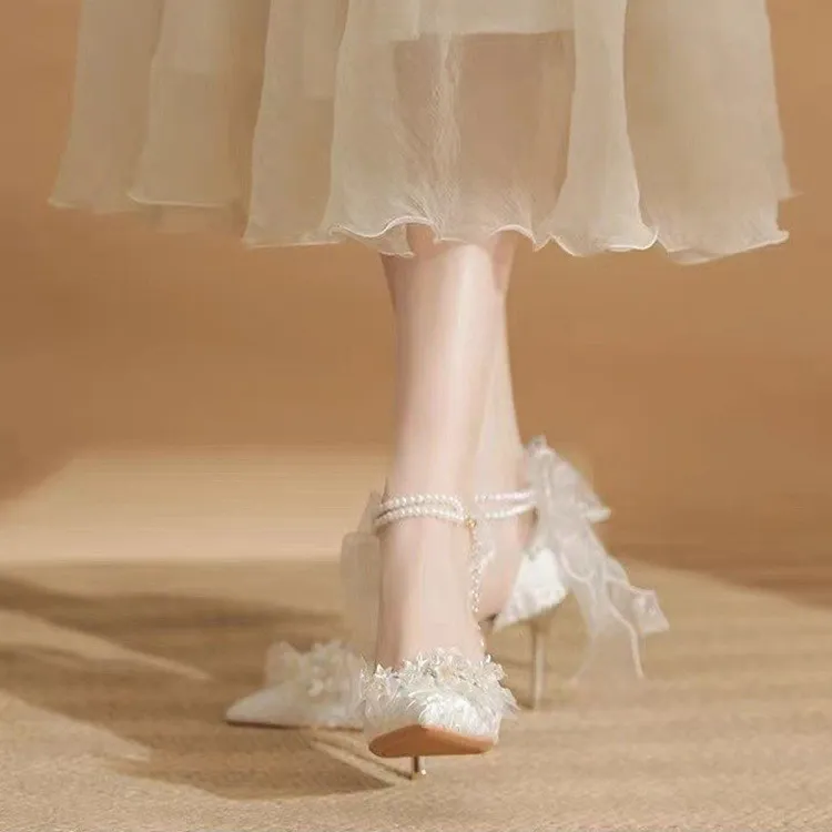Take The Qin Slim Heel High Heels Women's Pearl White-4