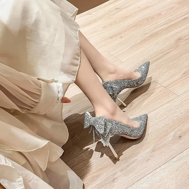 Take The Qin Slim Heel High Heels Women's Silver-14