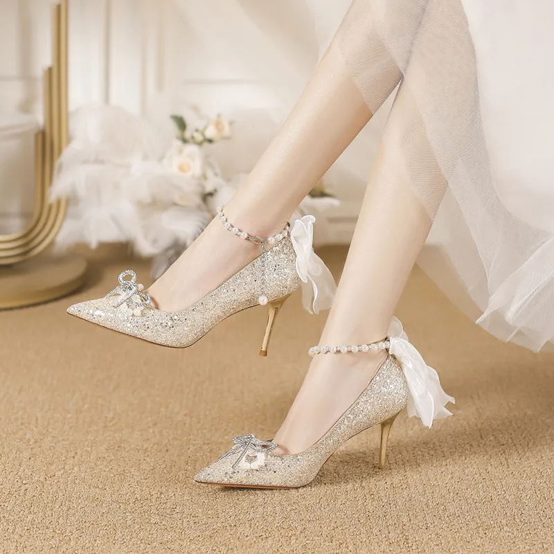 Take The Qin Slim Heel High Heels 6cm Women's Champagne-4