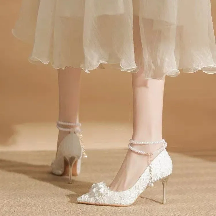 Take The Qin Slim Heel High Heels Women's Pearl White-10