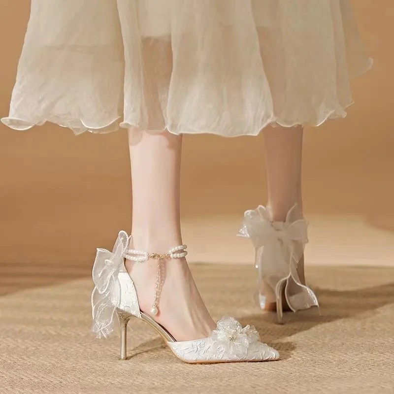 Take The Qin Slim Heel High Heels Women's Pearl White-2