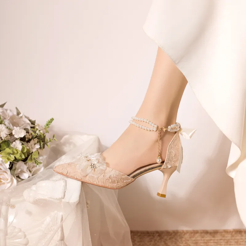 Take The Qin Slim Heel High Heels Women's Champagne-7