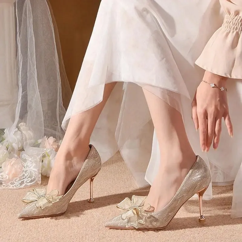 Take The Qin Slim Heel High Heels Women's Champagne Gold Gift Box Set-22