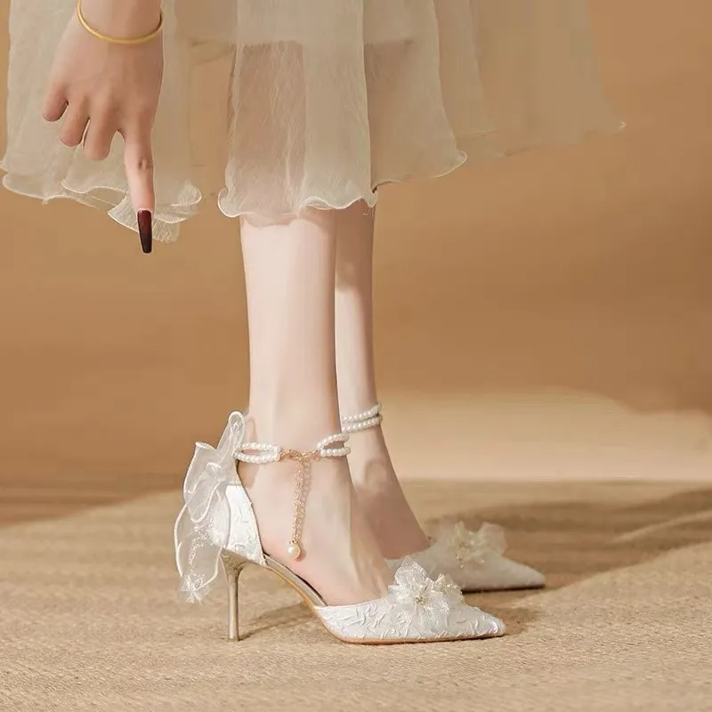 Take The Qin Slim Heel High Heels Women's Pearl White-3
