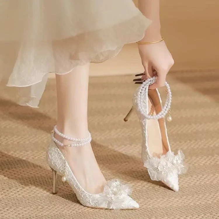 Take The Qin Slim Heel High Heels Women's Pearl White-9