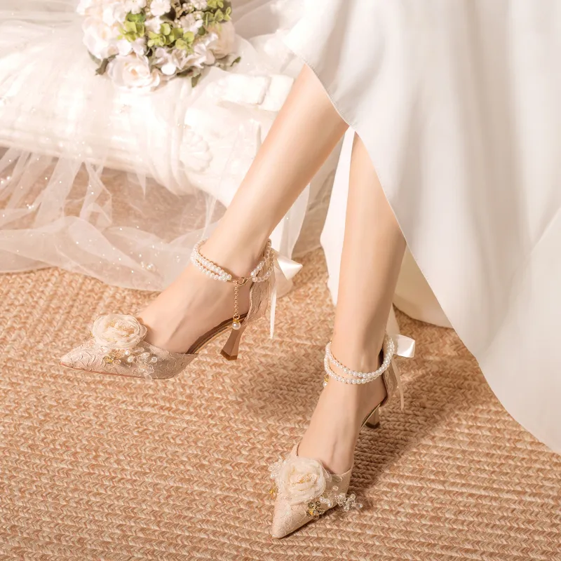 Take The Qin Slim Heel High Heels Women's Champagne-13