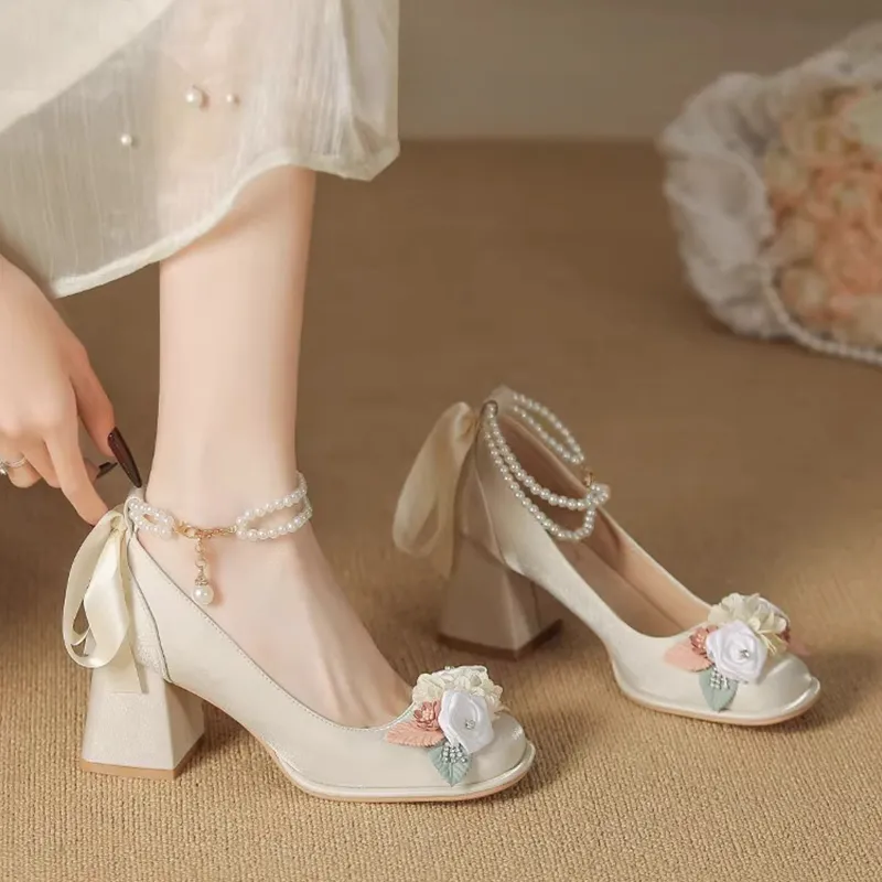 Take The Qin Chunky Heel High Heels 7cm Women's Champagne-2