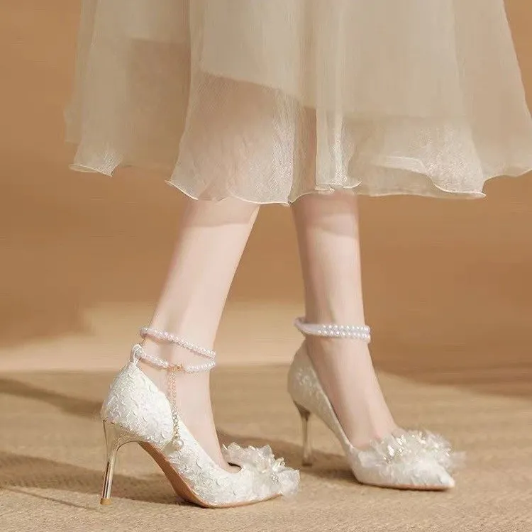 Take The Qin Slim Heel High Heels Women's Pearl White-11