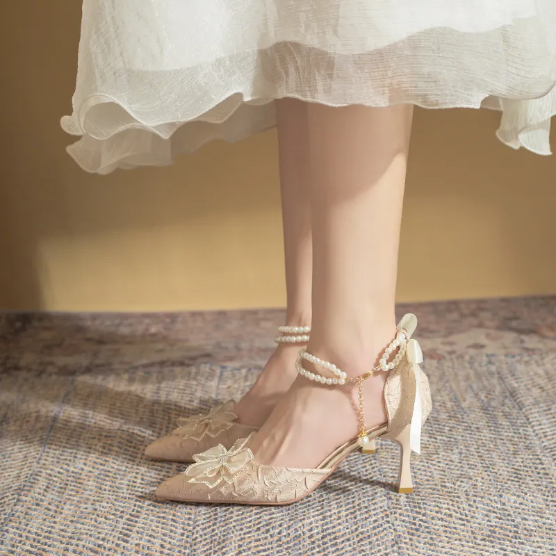 Take The Qin Slim Heel High Heels Women's Champagne-3