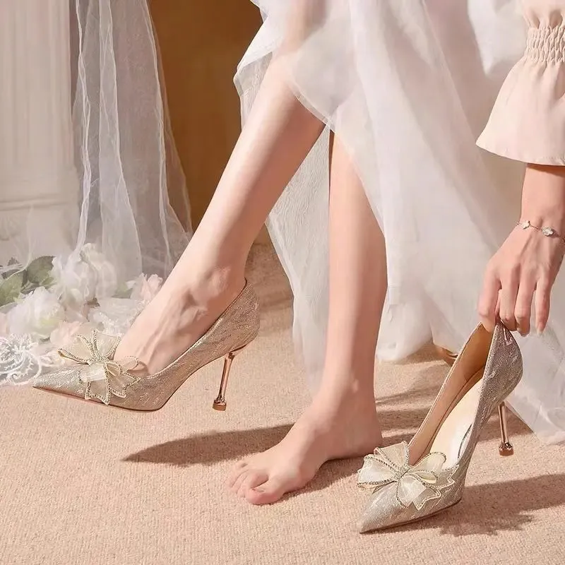 Take The Qin Slim Heel High Heels Women's Champagne Gold Gift Box Set-11