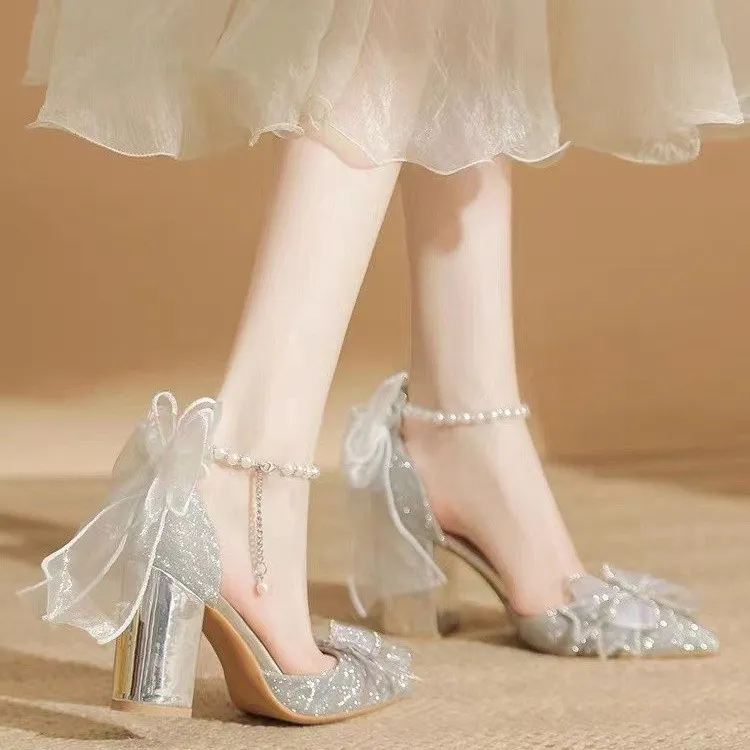 Take The Qin Chunky Heel High Heels Women's Silver-5