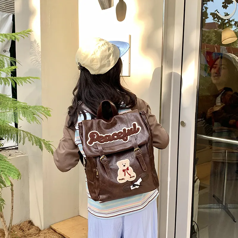 Teddy Bear Collection PU Backpack Women's Brown/Black-2
