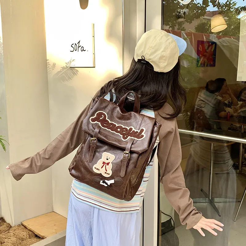 Teddy Bear Collection PU Backpack Women's Brown/Black-3