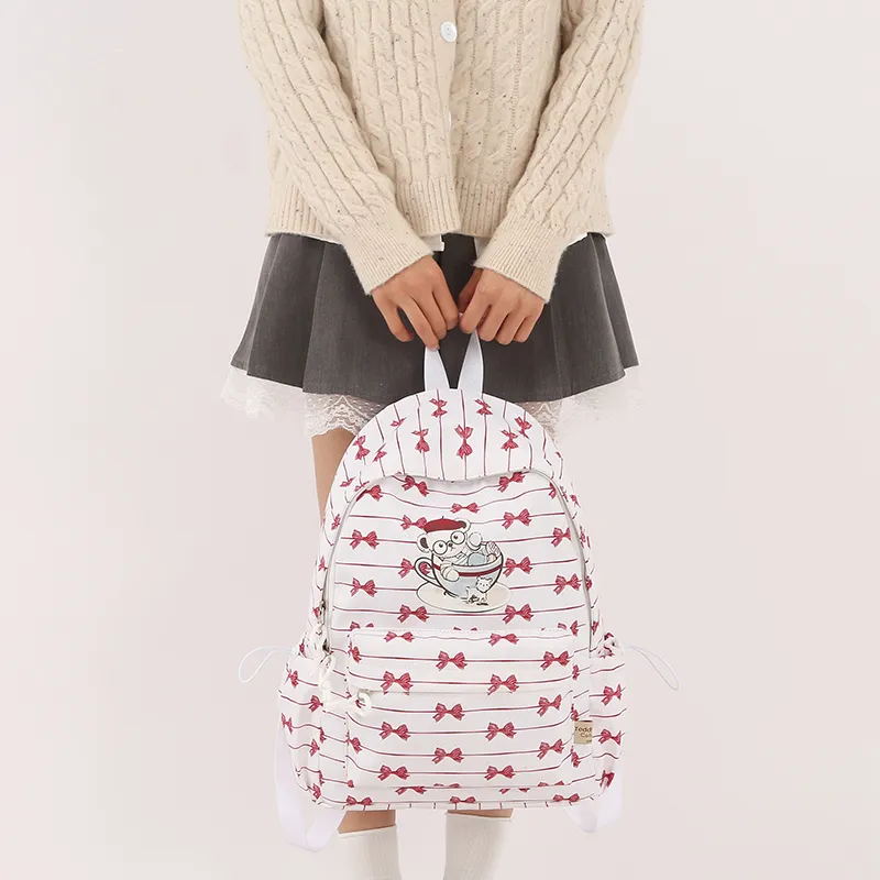 Teddy Bear Collection Nylon Backpack Women's White & Red-5