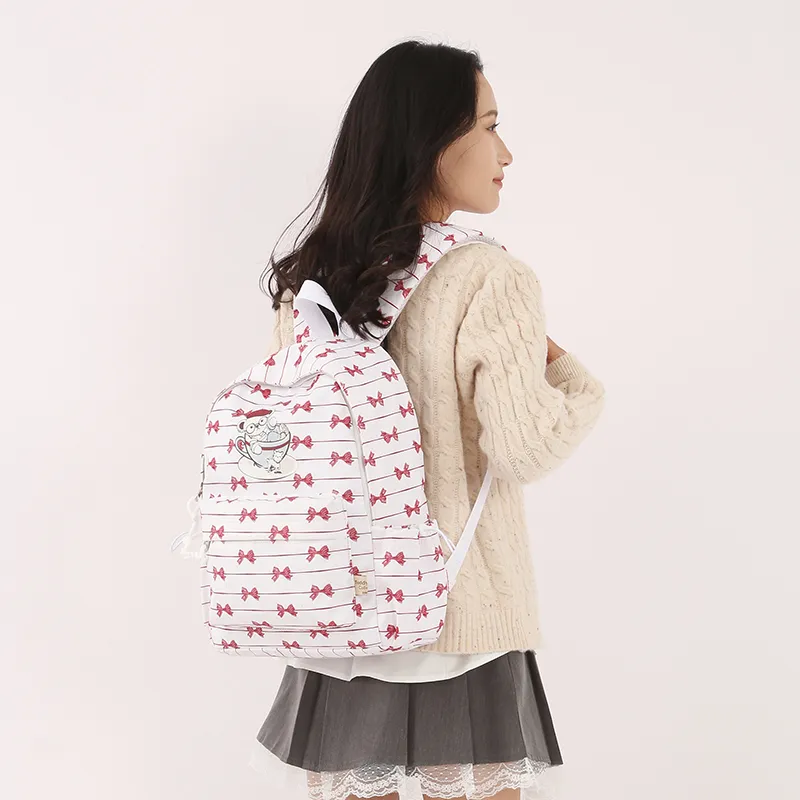 Teddy Bear Collection Nylon Backpack Women's White & Red-1