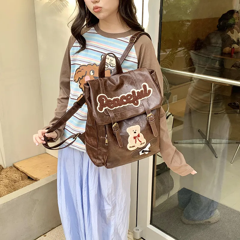 Teddy Bear Collection PU Backpack Women's Brown/Black-5