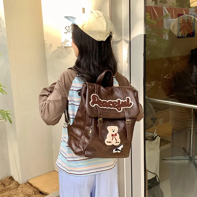 Teddy Bear Collection PU Backpack Women's Brown/Black-4