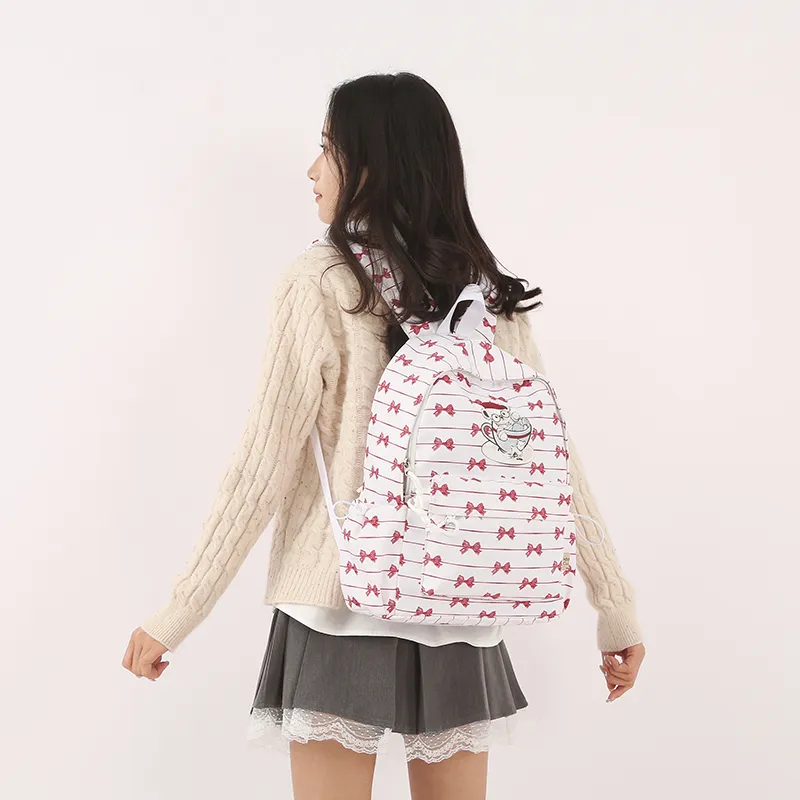 Teddy Bear Collection Nylon Backpack Women's White & Red-2