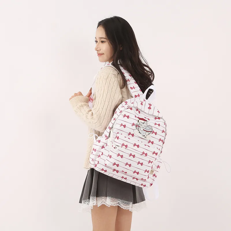 Teddy Bear Collection Nylon Backpack Women's White & Red-3