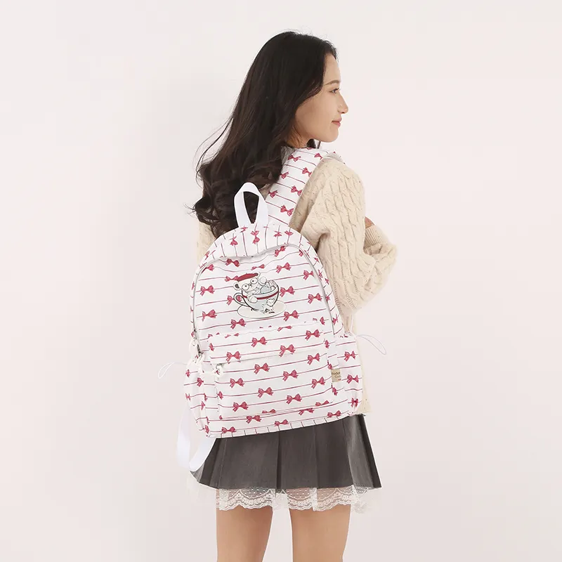 Teddy Bear Collection Nylon Backpack Women's White & Red-4