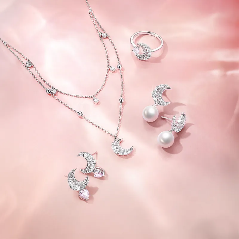 FANCI Dreamy Heart Moon Series S925 Silver Earrings Women's Silver Gold-3