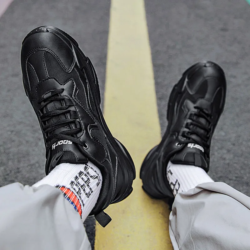 TELENT Slip Resistant, Abrasion Resistant, Waterproof Low Top Chunky Sneakers Men's All Black-3