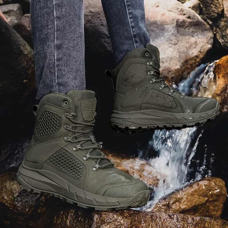 TELENT Slip Resistant Coverage High Top Hiking Shoes Men's Army Green-1