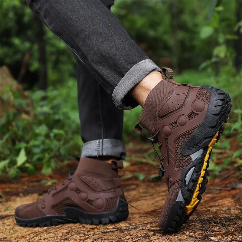 TELENT Slip Resistant And Abrasion Resistant Coverage High Top Hiking Shoes Men's Brown-4