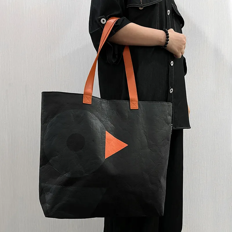 Venque Polyethylene Minimalist Style Tote DuPont Paper Bag Unisex Black-4