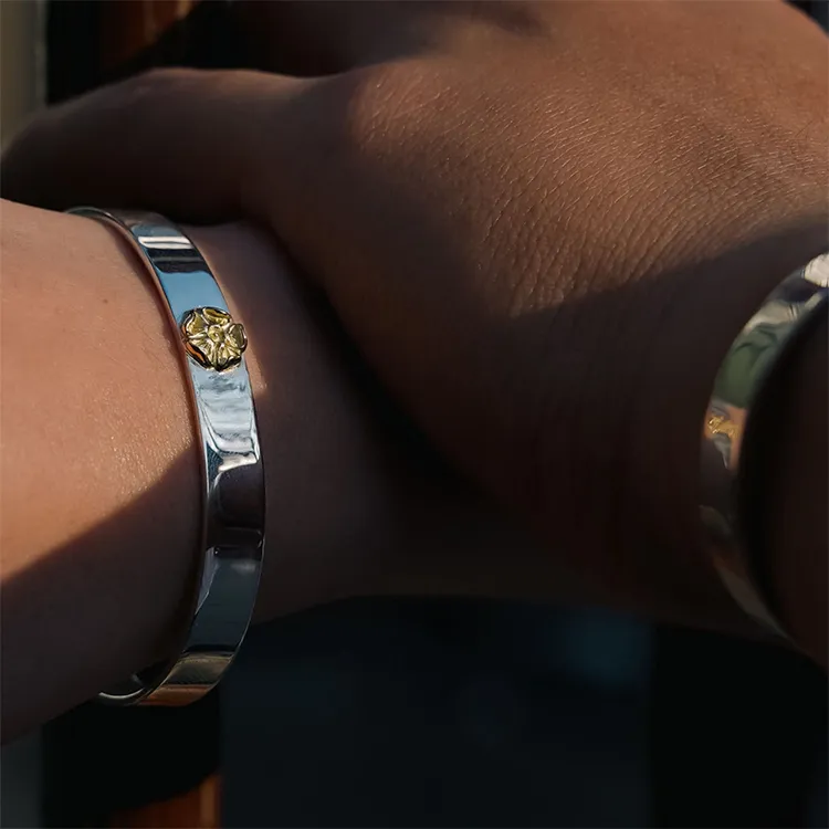 GOD SUNS Pure Silver With Rose Gold Accent Silver Bangle Unisex-5
