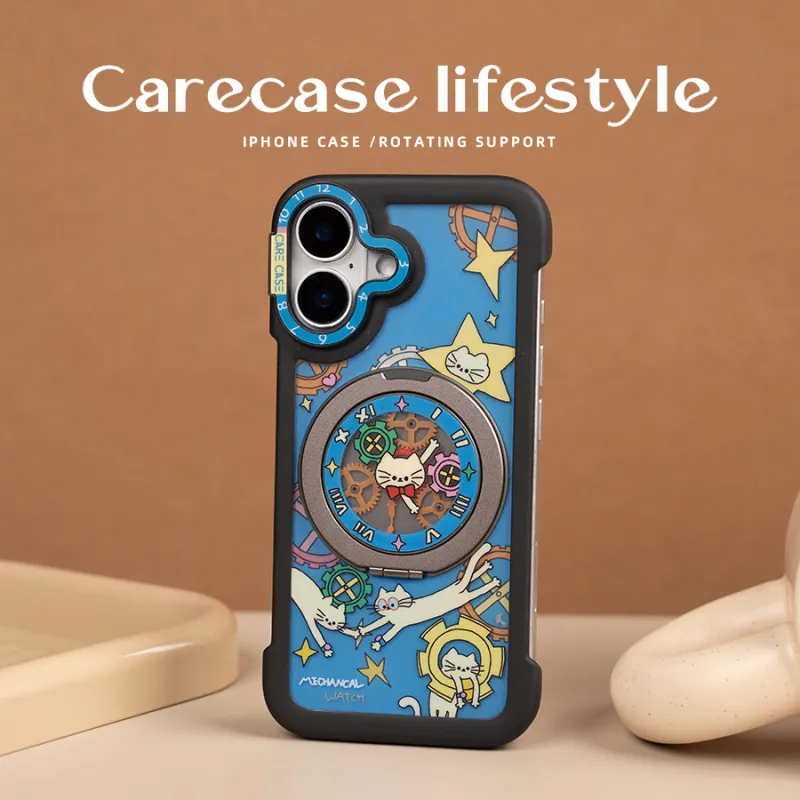 CARECASE TPU Material Kitten Mechanical Clock Stand Phone Case Compatible With Apple IPhone 16/15/14 Pro Max-1