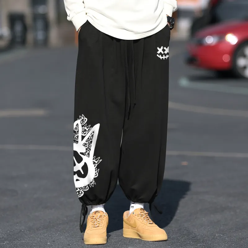 CULT OF INDIVIDUALITY Casual Pants Graffiti Print, Winter Casual Thermal Sports Elastic Cuff Wide Leg Pants Unisex-2
