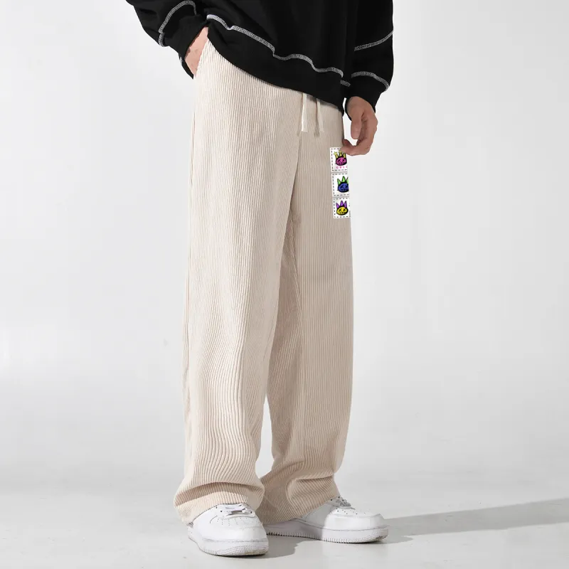 CULT OF INDIVIDUALITY Casual Pants Cartoon Print, Padded Corduroy Loose And Versatile Straight Leg Trousers Unisex-2