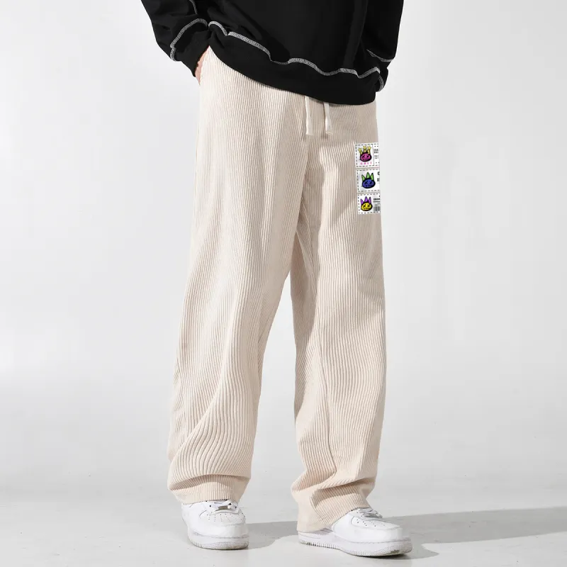 CULT OF INDIVIDUALITY Casual Pants Cartoon Print, Padded Corduroy Loose And Versatile Straight Leg Trousers Unisex-4
