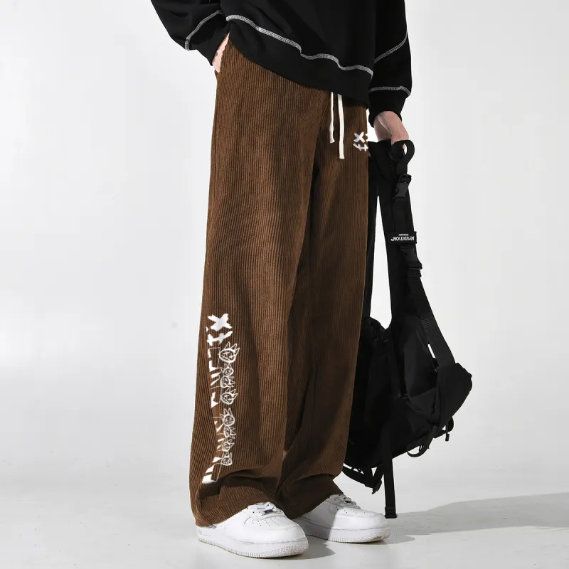 CULT OF INDIVIDUALITY Casual Pants Graffiti Print, Corduroy Thickened Loose Fit Versatile Straight Fit Pants Unisex-2