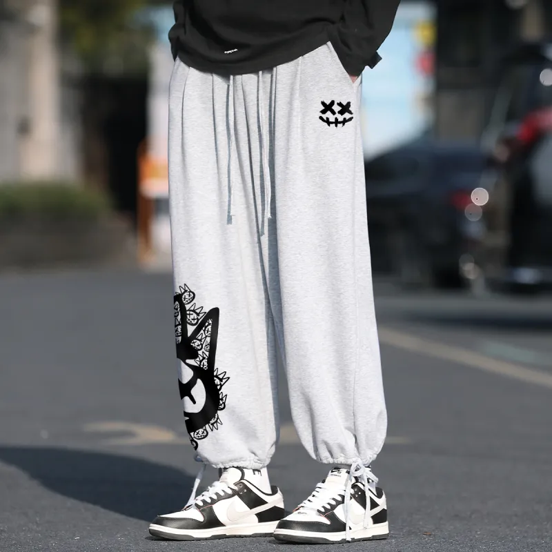 CULT OF INDIVIDUALITY Casual Pants Graffiti Print, Winter Casual Thermal Sports Elastic Cuff Wide Leg Pants Unisex-9