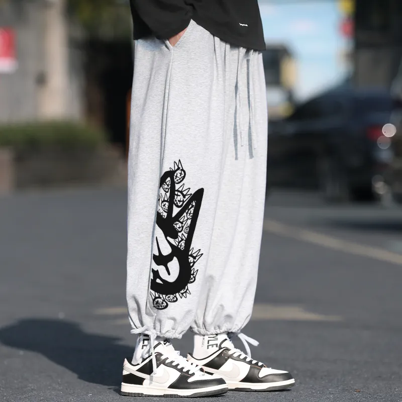 CULT OF INDIVIDUALITY Casual Pants Graffiti Print, Winter Casual Thermal Sports Elastic Cuff Wide Leg Pants Unisex-7