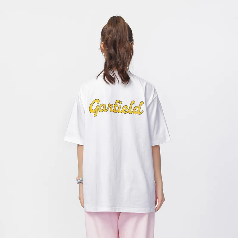 FUN X Garfield Collaboration Letter Print Crew Neck Pullover Loose Fit Versatile Short Sleeved T Shirt Women's White-2