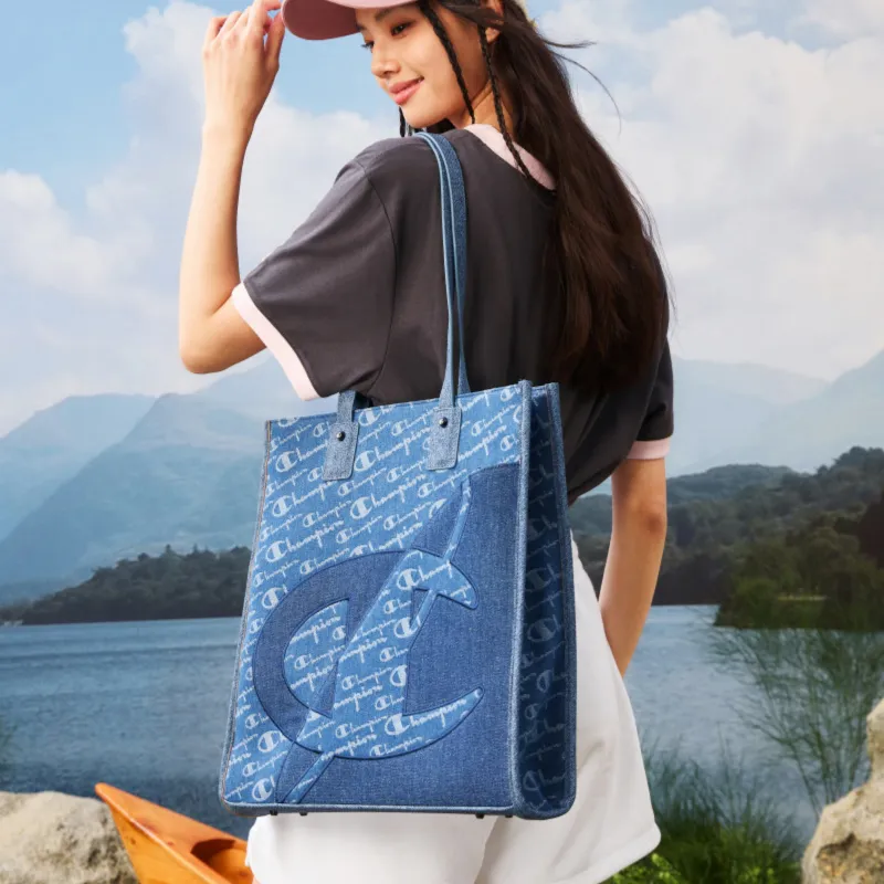 Champion Fabric Tote Bag, Shoulder Bag Unisex Light Blue Denim/Dark Blue Denim-4