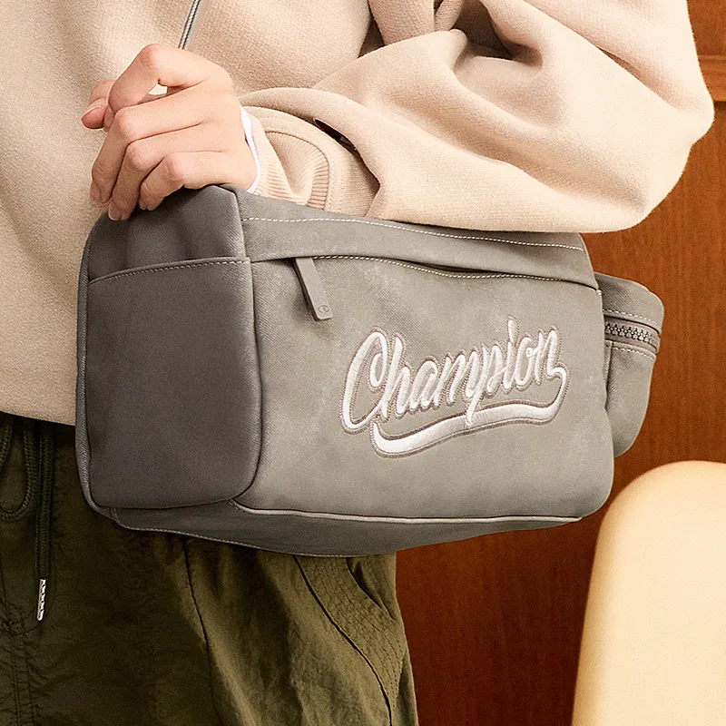 Champion Fabric+Artificial Leather Crossbody Bag Medium Size Unisex Smoke Gray/Champion Blue/Latte Brown/Black-16