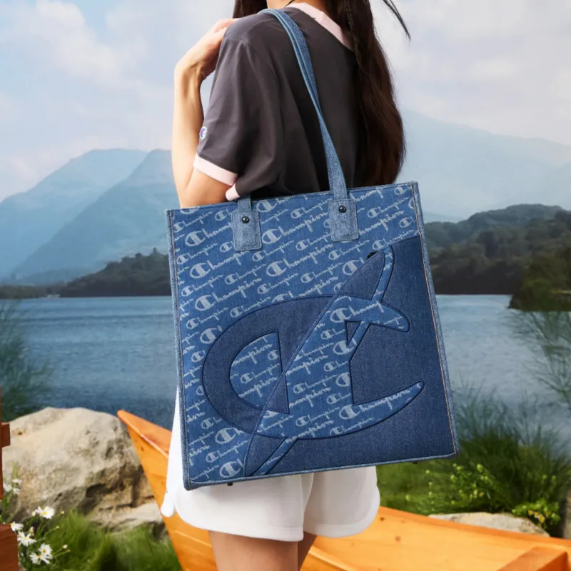 Champion Fabric Tote Bag, Shoulder Bag Unisex Light Blue Denim/Dark Blue Denim-5