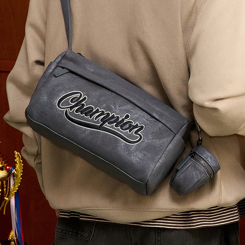 Champion Fabric+Artificial Leather Crossbody Bag Medium Size Unisex Smoke Gray/Champion Blue/Latte Brown/Black-4
