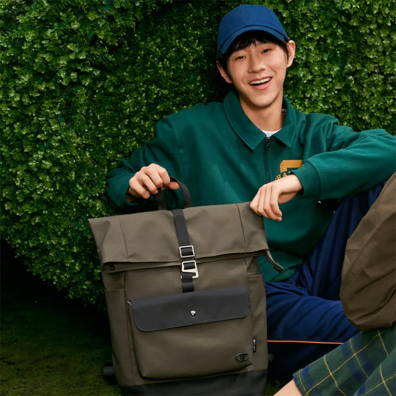Champion Artificial Leather Backpack Large Size Unisex Black/Olive Green/Black-12